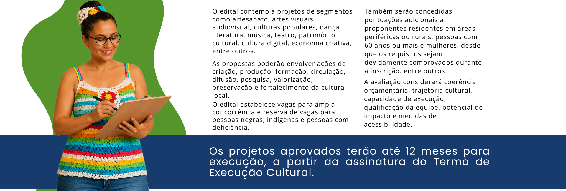 Banner horizontal do Edital Talentos da Terra, com fundo branco, forma orgânica laranja à direita e faixa azul-escura na parte inferior. À esquerda, texto informa que o Edital de Chamamento Público nº 001/2026 – Talentos da Terra é uma iniciativa da Prefeitura Municipal de Peixe, por meio da Secretaria Municipal de Cultura, destinada ao apoio financeiro de projetos culturais desenvolvidos no município. A ação integra o Ciclo II da Política Nacional Aldir Blanc de Fomento à Cultura e disponibiliza R$ 40.000,00 para a seleção de até oito projetos culturais. Ao centro, texto informa que podem participar artistas, artesãos, produtores, trabalhadores e demais fazedores de cultura domiciliados ou sediados em Peixe há pelo menos 12 meses. As inscrições podem ser realizadas por pessoa física maior de 18 anos, microempreendedor individual, pessoa jurídica de natureza cultural, associação cultural ou coletivo sem CNPJ representado por pessoa física. Cada proponente pode apresentar apenas uma proposta. À direita, mulher parda, de óculos e blusa de crochê colorida, e homem pardo, de óculos e camiseta branca com a identidade “Peixe na Rede Aldir Blanc”, observam juntos uma folha de papel que seguram. Na faixa azul inferior, lê-se: “Transformar ideias em ações que chegam à comunidade.”